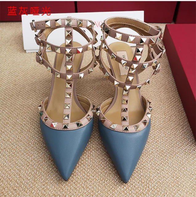 Real Leather Ankle Luxury Rivet High Heeled Shoes New Women's Pumps Pointed Versatile Sexy Prom Women's Sandals 11