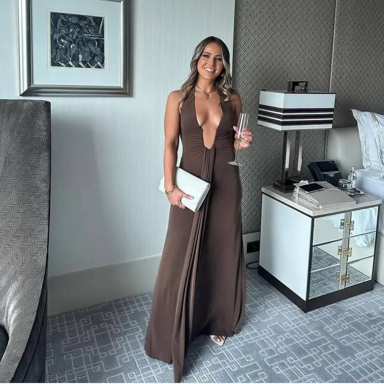 Elegant Deep V Neck Halter Maxi Dress for Summer Glamour photo review