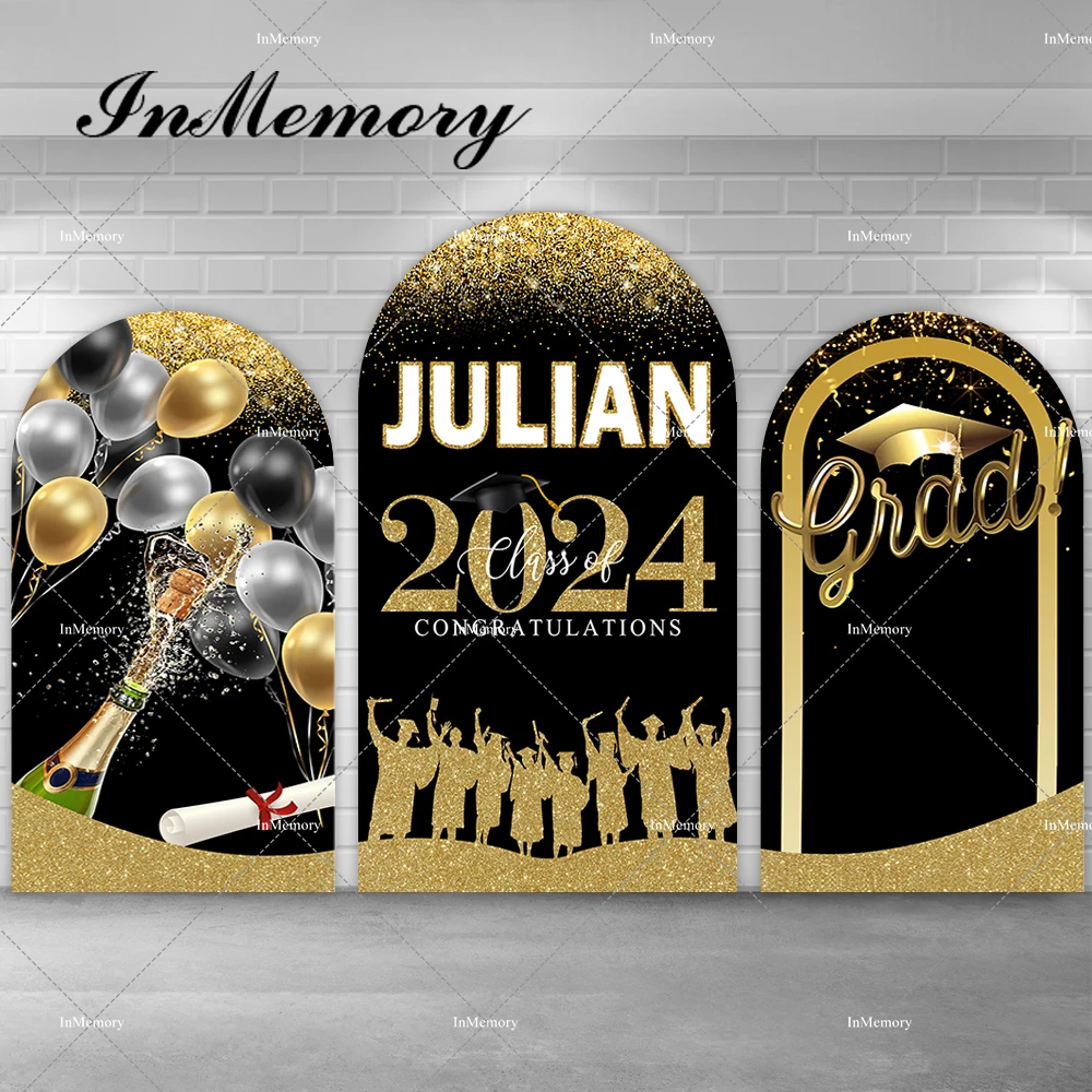 

Black and Gold Glitter Balloons Class of 2024 Graduation Party Arch Backdrop Bachelor Cap Round Background Graduates Photo Props
