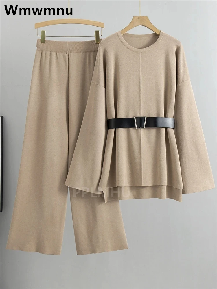 

Sweater Pullover Tops Suits Knitted Wide Leg Pants Two Piece Sets Women High Waist Casual Baggy Sweatpants Conjunto With Belts