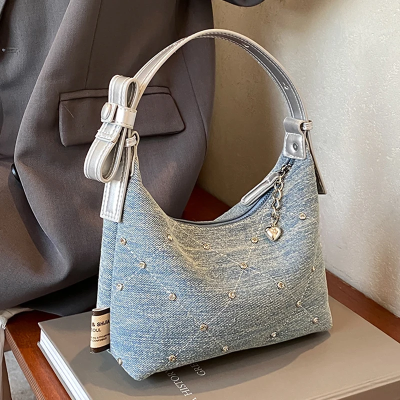 

Retro Trendy Denim Handbags For Women Fashionable Niche Beading Blue Cloth Tote Bags Summer Female Shopping Travel Crossbody Bag