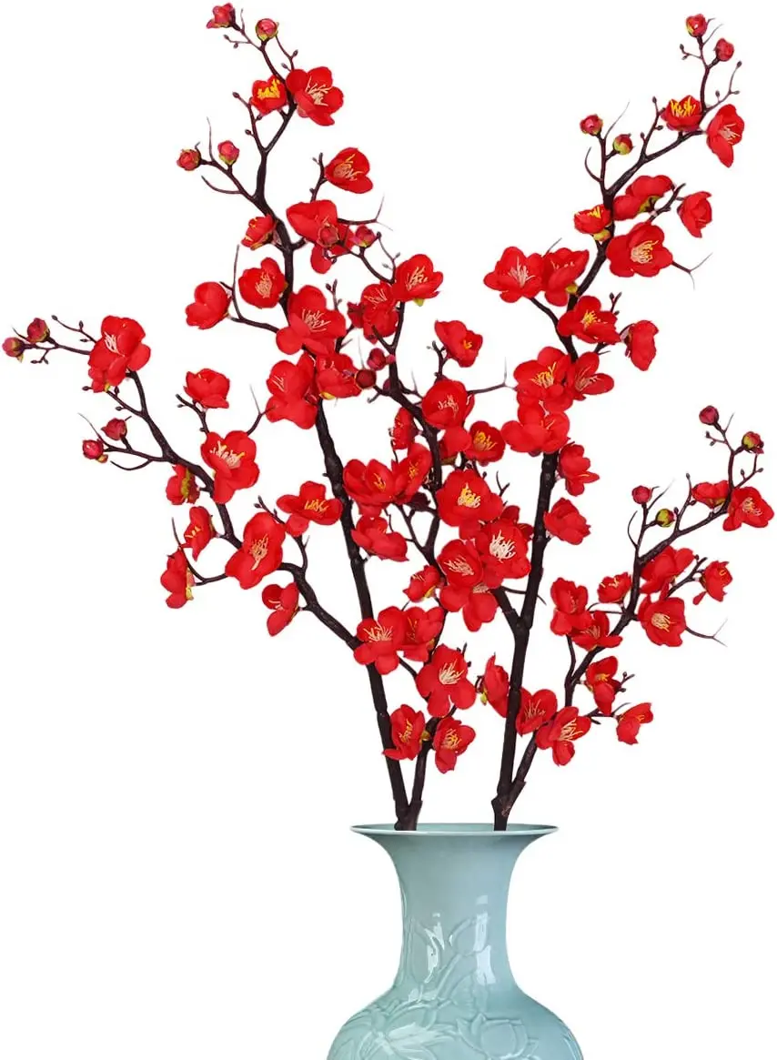 

2 Pack 37' Red Plum Blossom Artificial Flowers Simulation Flower Artificial Silk Plum Blossom Long Stem Silk Plum Blossom