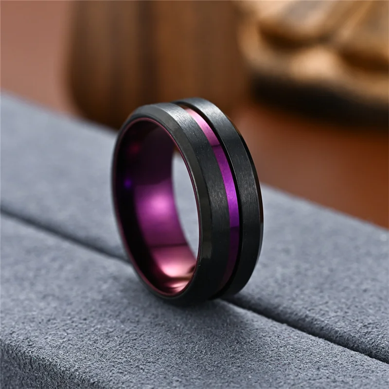 Men's Black Tungsten Wedding Band Rings Fashion 8mm Purple Groove Beveled Edge Engagement Ring for Boyfriend Jewelry Gifts stainless steel rings minimalist ring