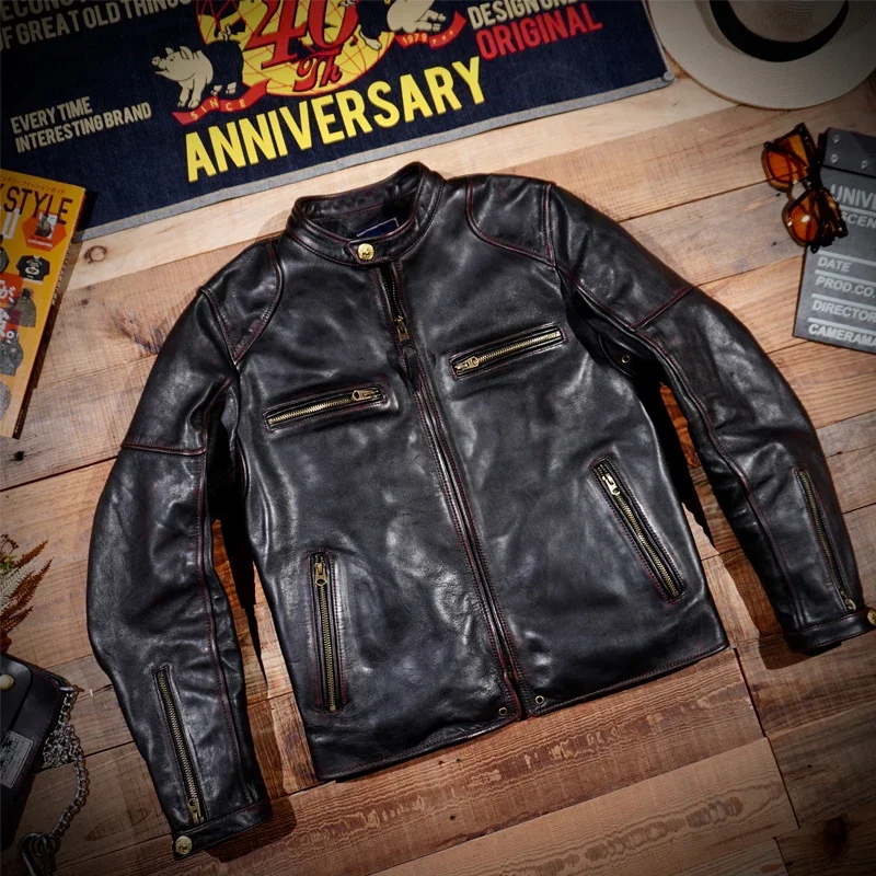 

Мотоциклетная куртка в американском стиле ретро с воротником-стойкой кожаная мужская короткая куртка в форме подковы с чайным сердечником приталенная мужская куртка с эффектом потертости