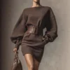 French Style Batwing Sleeve Knitted Top Waist Cinched Short Dress One Shoulder One Collar Long Sleeve Streetwear Polyester Sp...