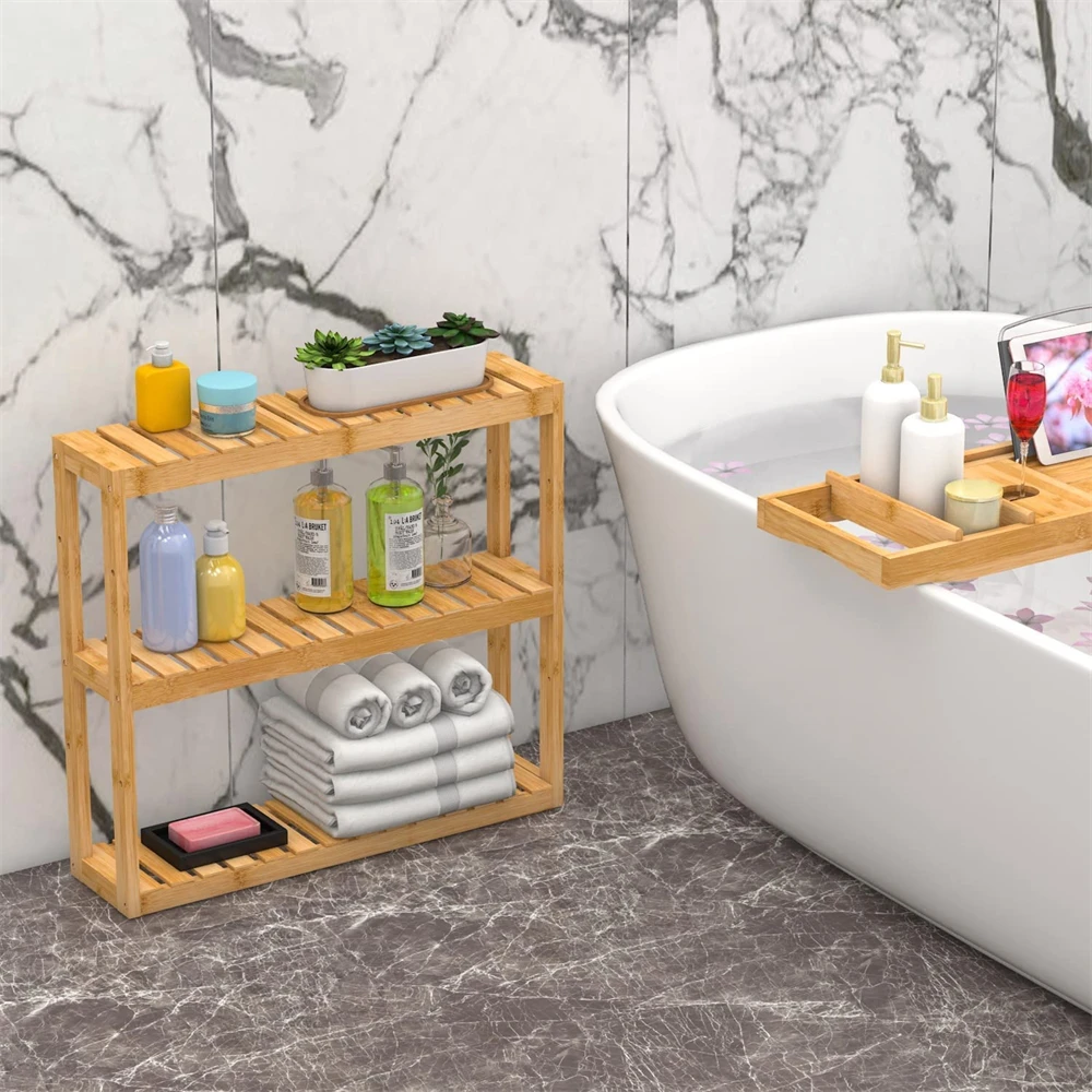 3 Tier Storage Rack Multifunctional Over Toilet Utility Shelves Living Room Kitchen Bamboo Bathroom Wall Mount Shelf