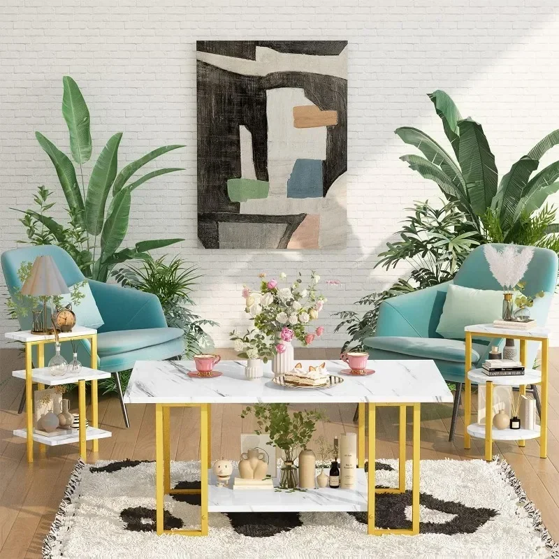 Coffee Table Set of 3, Modern 3-Piece Table Set Faux Marble Coffee & 2 End Tables Open Shelves with Metal Legs