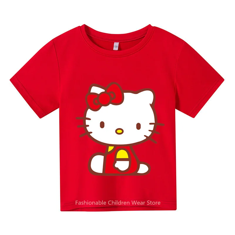 

Cute Hello Kitty Cartoon T-shirt Kids Summer Casual Cotton Short Sleeve Tops for Boys Girls Outdoor Fashionable Clothing