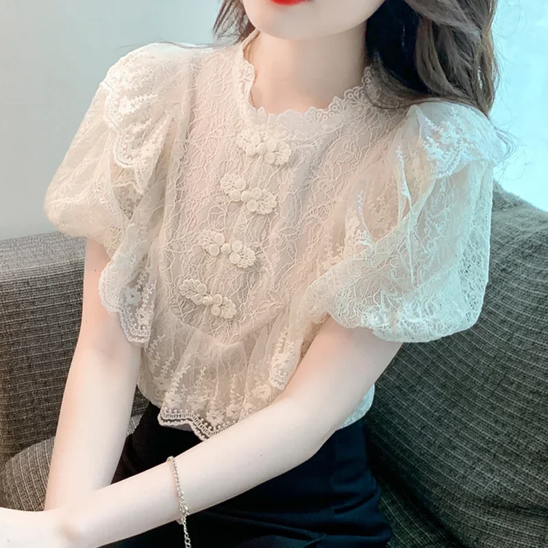 

New Fashion Puff Sleeve Summer Lace Blouse Women Office Lady Elegant Short Sleeve Women's Lace Shirt Chic Clothing Tops 25615