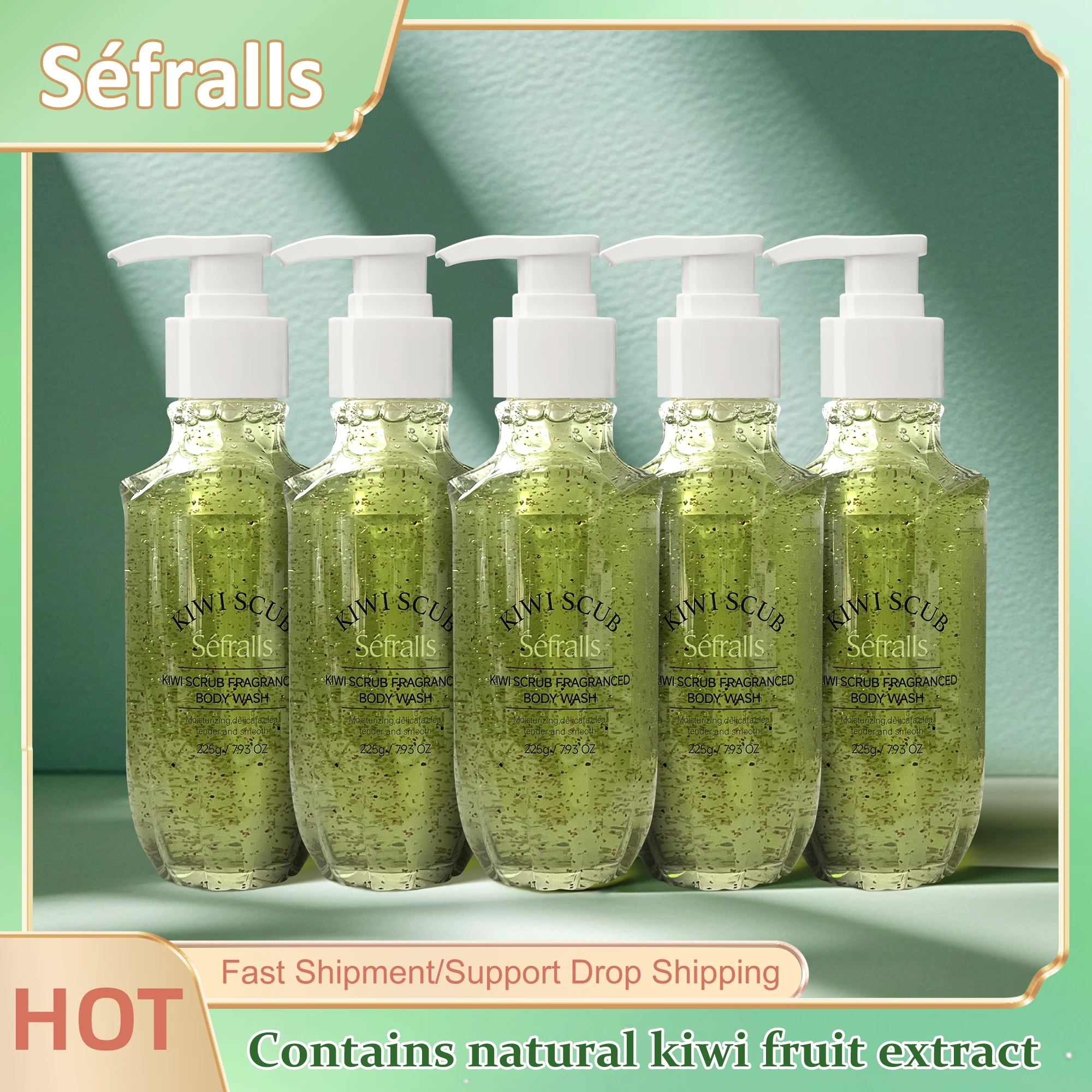 S&eacute;fralls Kiwi Shower Gel 5x225g-Hydrating & Moisturizing, Natural Kiwi Extract, Long-Lasting Fresh Scent, Exfoliating,