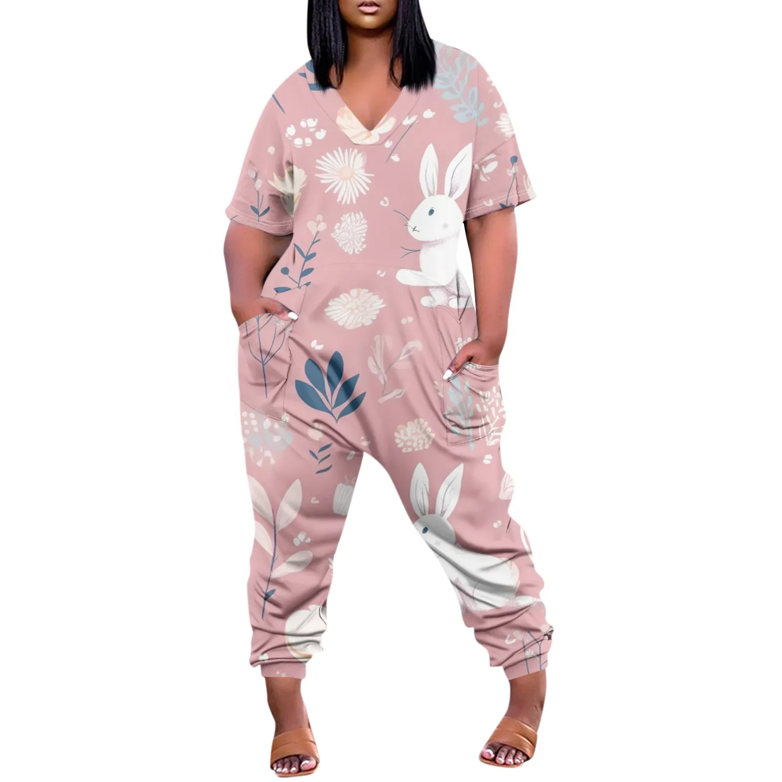 

Plus Size Womens Casual V Neck Short Sleeve Zipper Overalls With Pockets Wide Long Jumpsuits New Women Clothing Trend 2024