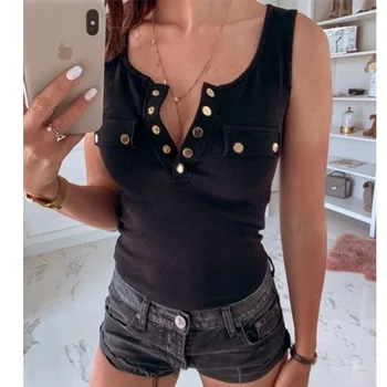 여성용 베이스레이어 단추 조끼 캐주얼 블라우스, S-5XL 탱크 탑, 패션 셔츠, 면 민소매 티셔츠, 여름