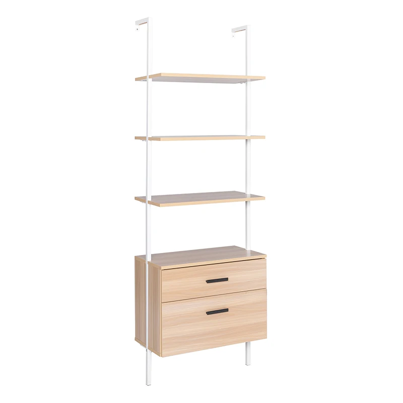 Industrial Bookshelf with Wood Drawers and Matte Steel Frame,Nutural/White