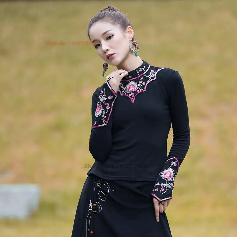 

2024 chinese traditional stand collar shirt women national flower embroidery ethnic shirt retro fleece lined vintage base shirt