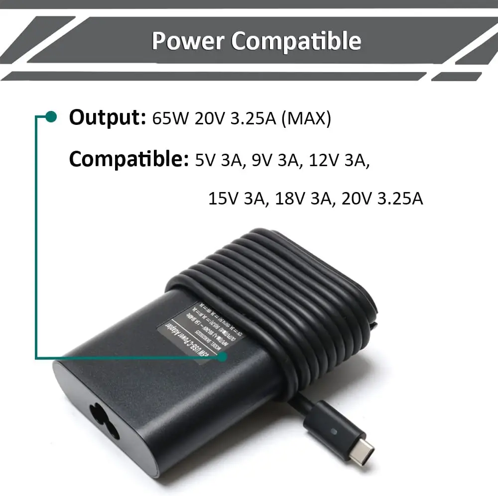 65W USB C Chargeur Adaptateur Secteur Type C NEW POW pour Dell XPS 13 9333  9343 9350 9360 9365 9370 9380 ; Dell VENUE 8 Pro 5855