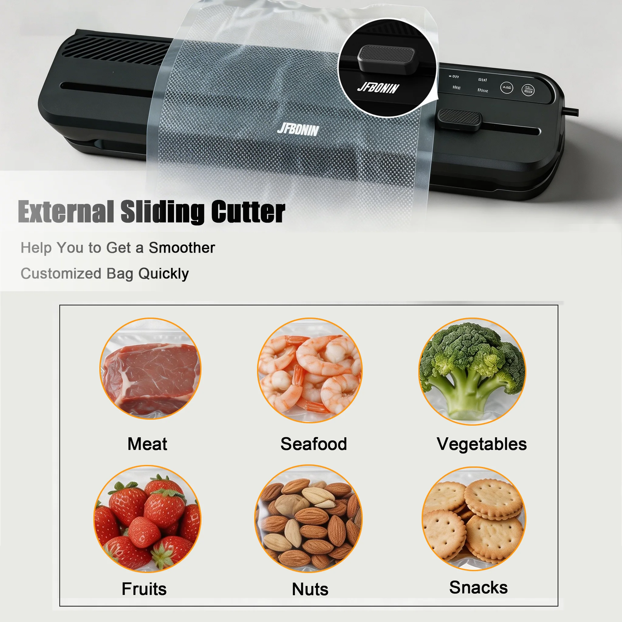 JFBONIN Electric Vacuum Sealer with Built-in Cutter Knife for Dry And Wet Food Kitchen Food Storage Packaging Sealer 5