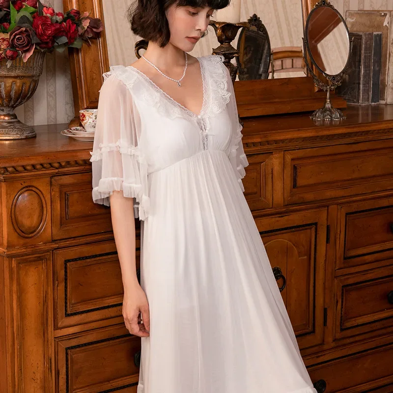 

Fairy Romantic Vintage Victorian Nightgowns Women Summer Lace Peignoir Princess Sleepwear Kawaii Nightie Sweet Mesh Night Dress