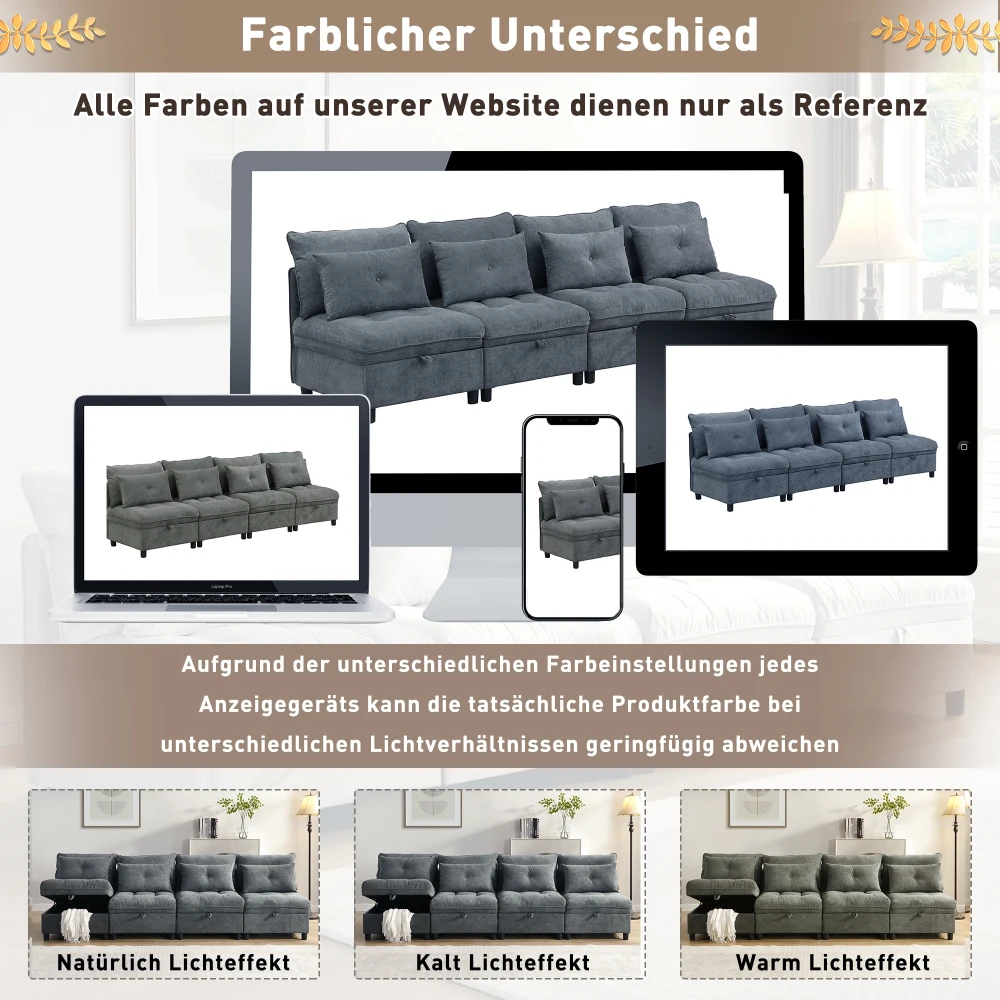 Modulares, trennbares 4-Sitzer-Sofa-Set – multifunktionales Schlafsofa, frei kombinierbar, Chenille-Bezug mit vollständiger Sitzkissen-Aufbewahrung – Detail 11