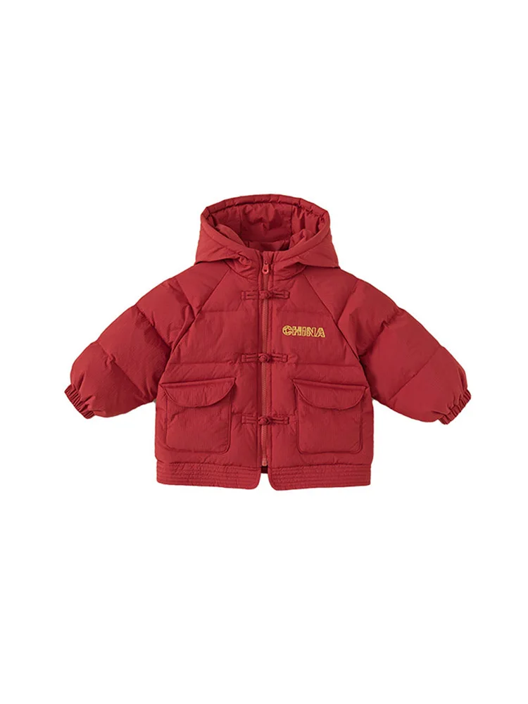 Children's Embroidery Down Jacket New Baby White Duck Down Hooded Coat For Winter Fashion Vintage Buckle Design Clothes