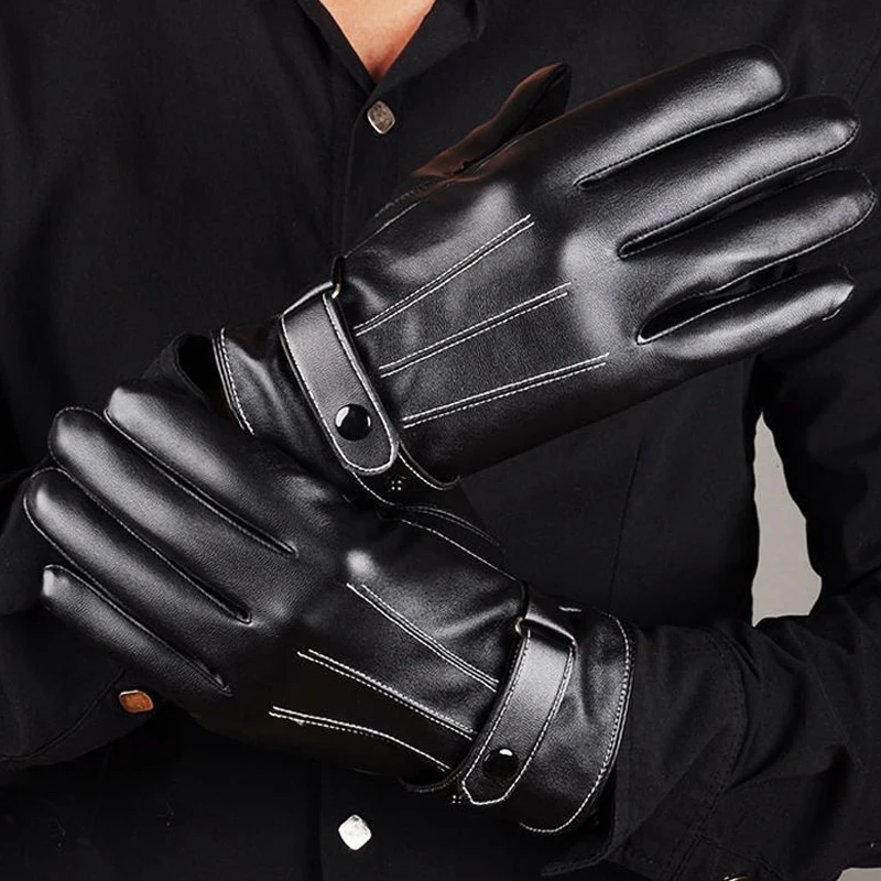 Men-Winter-PU-Leather-Black-Gloves-Button-Warm-Mittens-Outdoor-Sports ...