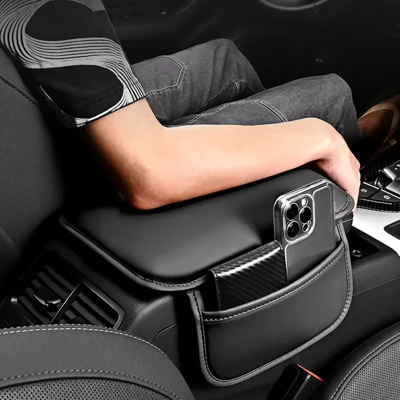 Leather Comfort Armrest Cushion with Storage Bag for Car Interior Decor