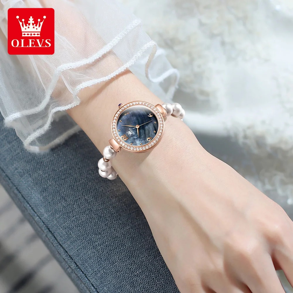 OLEVS Quartz Watch Original Brand Women's Watch Waterproof Pearl Chain Casual Fashion Ladies Wristwatch Reloj Mujer Bracelet Set