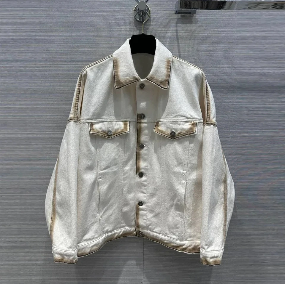 

Женская джинсовая куртка с карманами, винтажная однобортная Свободная куртка бежевого цвета с градиентным переходом цвета, с лацканами, весна 2024