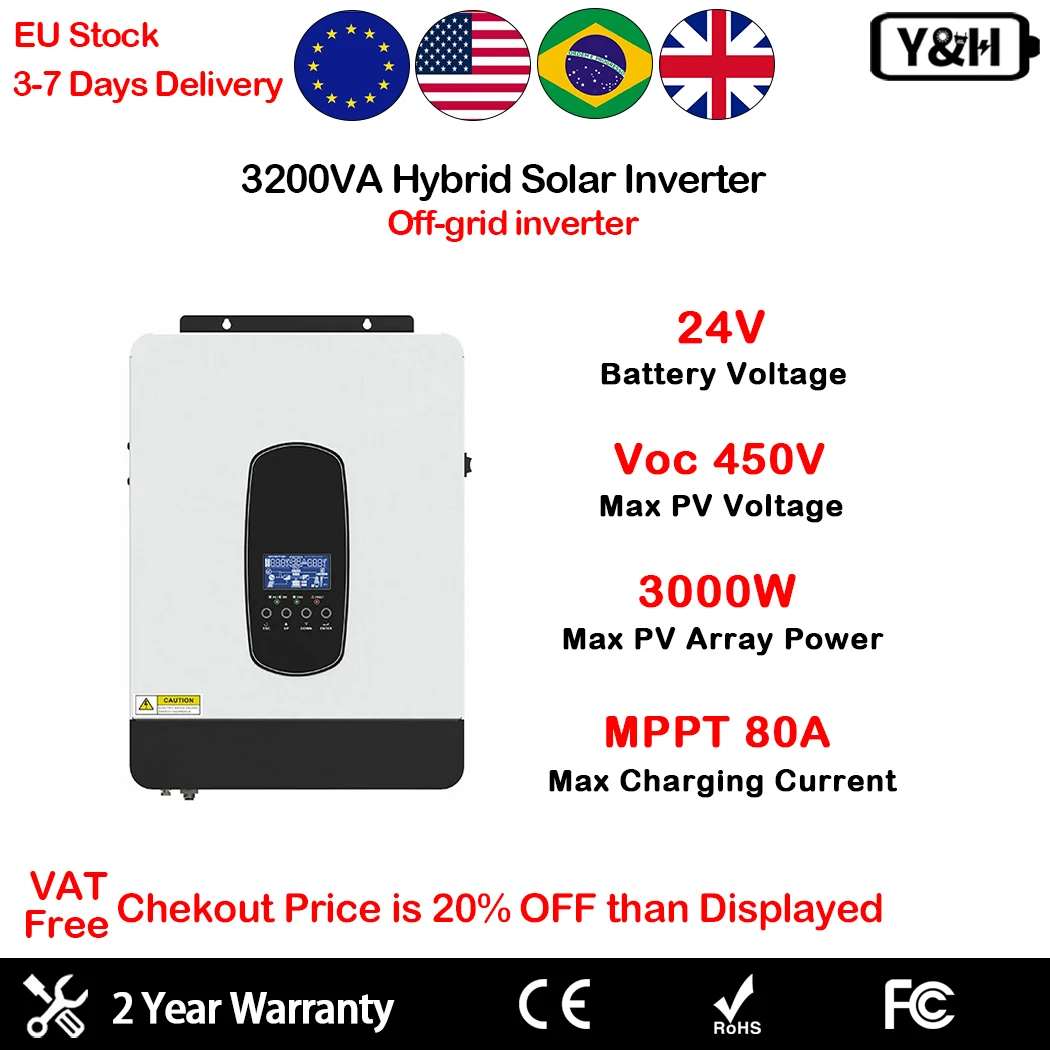 Y & H 3200VA 3000W HYBRID SOLAR INVERTER 24V AC230V Off Grid อินเวอร์เตอร์ PURE Sine WAVE MPPT 80A Solar Charger 1