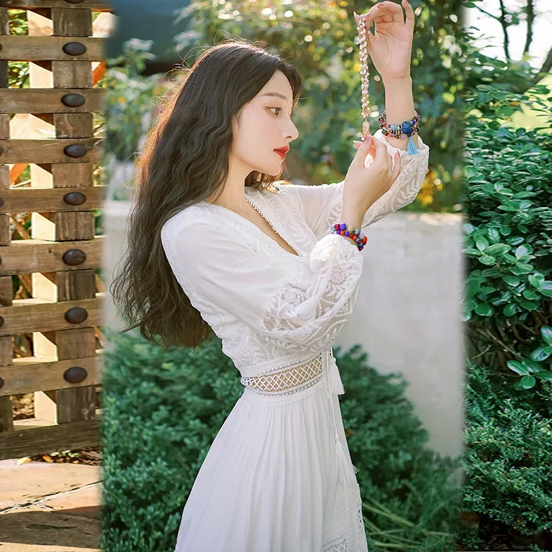 Bohemian White Beach Dress Women Elegant Party Dresses Spring Auutm V-neck Sexy Hollow Out High Waist Long Robe Vestidos