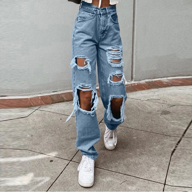 Pantalones vaqueros rasgados de cintura alta mujer, Jeans sueltos de Hip Hop, pantalones rasgados Vintage para mujer, ropa de calle Harajuku g3 2022 AliExpress