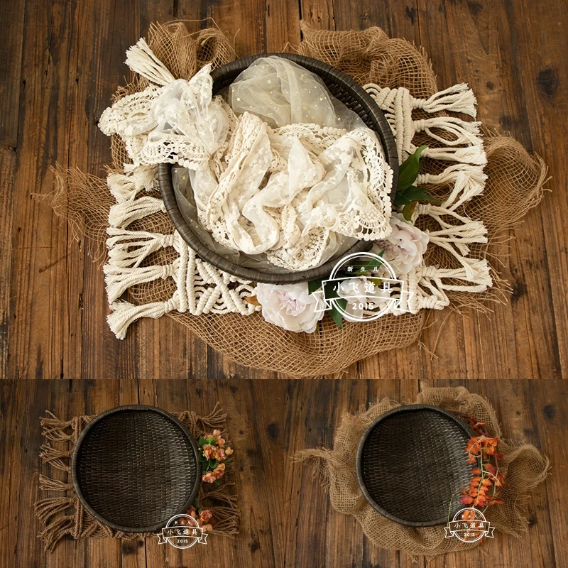 Dvotinst Newborn Baby Photography Props Retro Handmade Vintage Rattan Posing Round Bucket Studio Accessories Shoots Photo Props