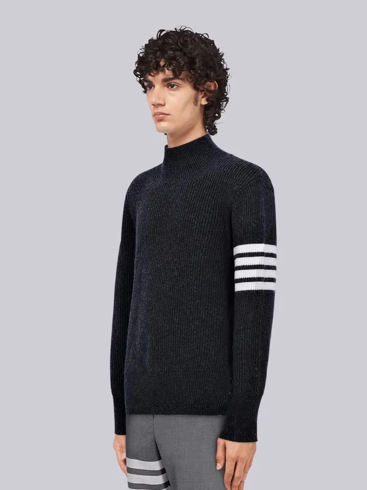 

TB THOM Sweater Male 2023 Autumn Luxury Brand Clothing Classic Stripes Turtleneck Pullovers Black Knit Tops Harajuku Sweaters