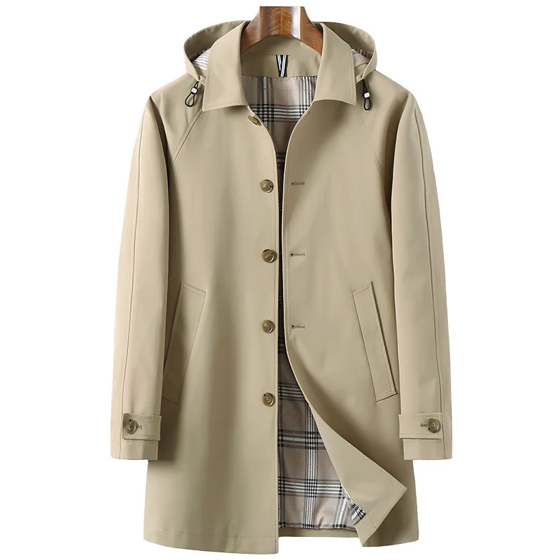 

Lansboter Khaki Spring And Autumn New Large Windbreaker Men's Jacket Middle And Long Hooded Coat Trend Slim And Handsome