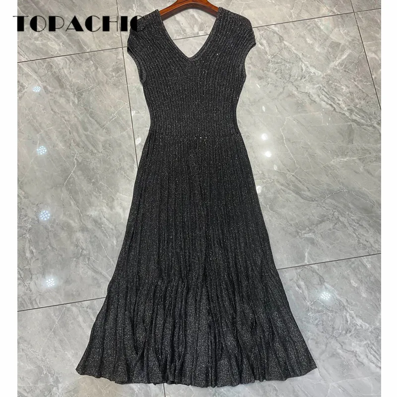 

8.30 Women's V-Neck Sleeveless Backless Bright Silk Pleated Midi Dress Ribbed Stretch Knit Midi Dress