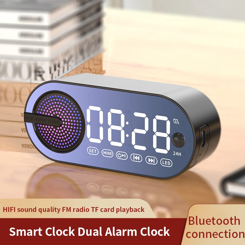 RGB TWS USB LED Mirror Wireless Bluetooth Speaker Quiet Digital Alarm Clock  Radio FM Large Display Bedroom Living Room Office