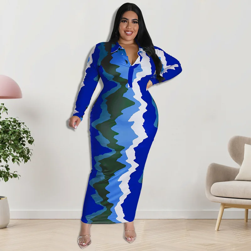 Plus Size Women 5xl Dress Tie Dye Print Elegant Dress 2022 Autumn V Neck Party Robe Female Luxury Designer Wholesale Clothing