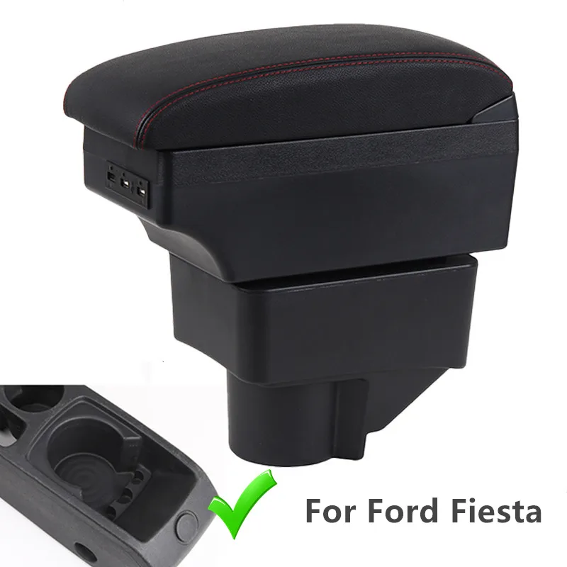 Caixa de braços de couro para Ford Fiesta, Armazenamento Console Central, USB, descanso de braço, 2011, 2012, 2013, 2014, 2015, 2016, 2017, 2018