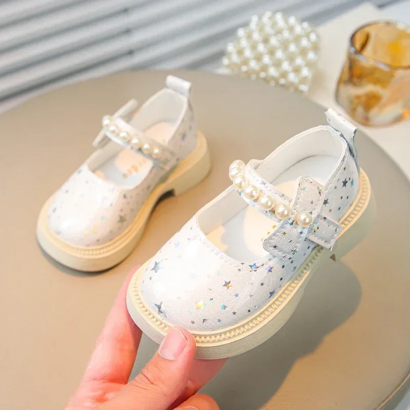 Leather Shoes for Kids Girls Bling All Over Stars Beading Rubber School Dress Shoes