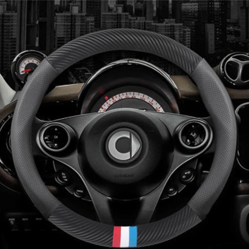 

Leather Steering Wheel Cover Non-slip Fashion Breathable For Smart 453 451 450 Fortwo Forfour Round Shape Auot Parts