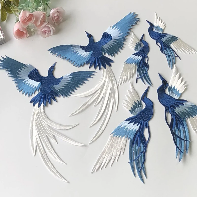 1pc Blue Phoenix Embroidery Patch Chinese Style Animal Embroidered Cloth Applique DIY Cheongsam Clothes Adhesive Decor Accessory
