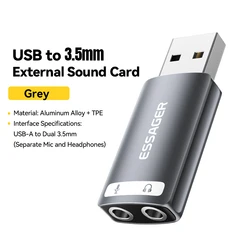 Essager USB External Stereo Audio Adapter (USB A to Dual 3.5mm)