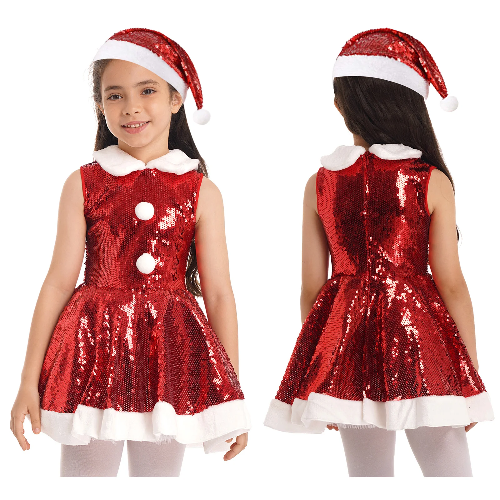 

Hot Kids Girls Christmas Party Dress Dance Performance Costume Red Sleeveless Sequins Figure Ice Skating Ballet Dance Dress+Hat