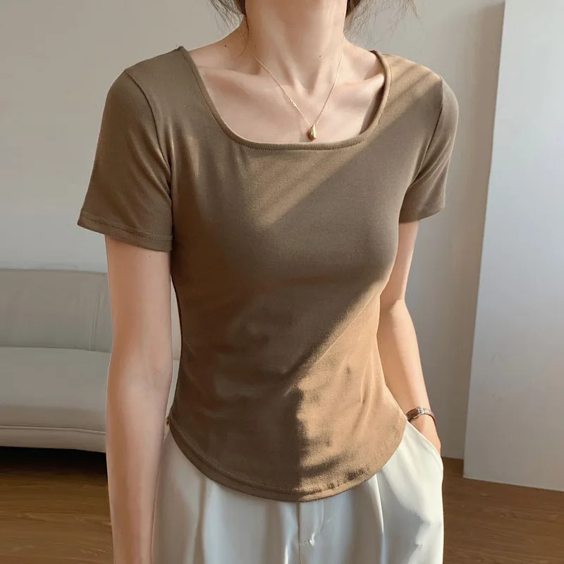Women's Summer Cotton Short-Sleeve Curved Hem Slim Fit U-Neck Tee