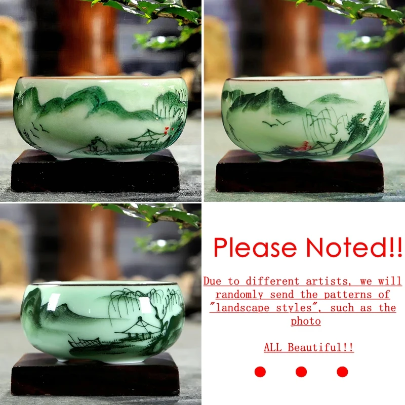 Traditional Celadon Hand-painted Landscape Teacup Ceramic Lotus Bamboo Carp Tea Set Double-fish Chinese Tea Master Cup 80ml images - 6