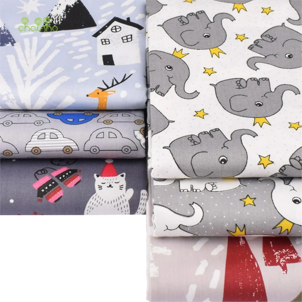 Chainho,Printed Twill Weave Cotton Fabric,Patchwork Cloth,DIY Sewing Quilting Material,Gray Cartoon Series,6 Design,2 Size,15C38