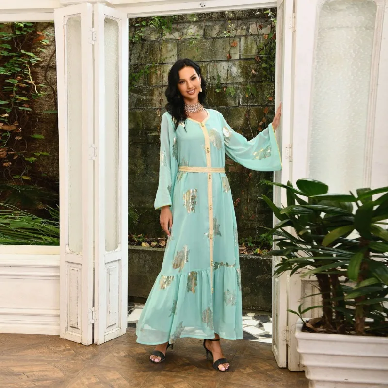European and American Fashion plus Size Dress Middle East Dubai Hot Sale Bronzing Chiffon Muslim Women's Robes dubai abaya