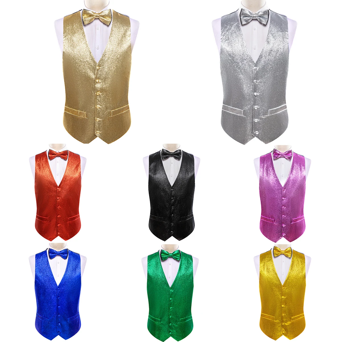 Mens V-Neck Silk Waistcoat Bowtie Set
