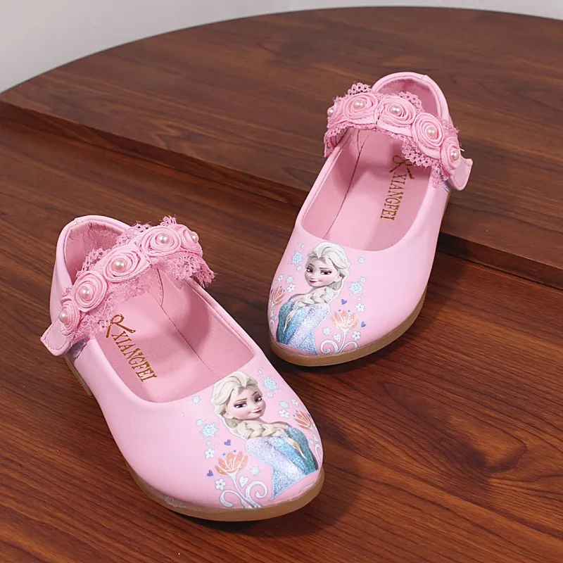 Disney New Kids Elsa Casual Shoes girls Frozen Princess Pink Soft Shoes Children's Cartoon pearl Leather Shoes Size 26-35 child shoes girl