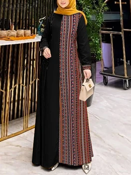 Vintage Women Floral Printed Muslim Dress ZANZEA Casual Bohemian Long Sleeve Patchwork Sundress Dubai Turkey Abaya Hijab Dresses