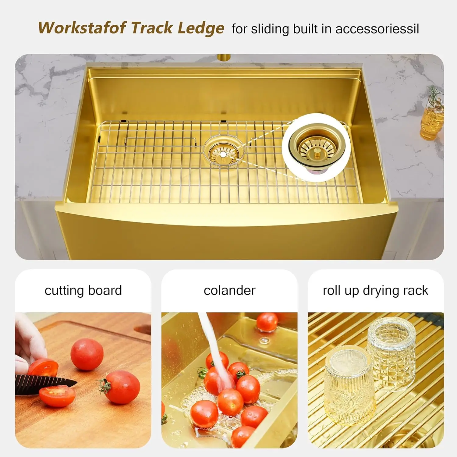 33 Inch Luxury Gold Farmhouse Sink Workstation undermount 16 Gauge Stainless Steel Apron Front Gold kitchen Sink 3